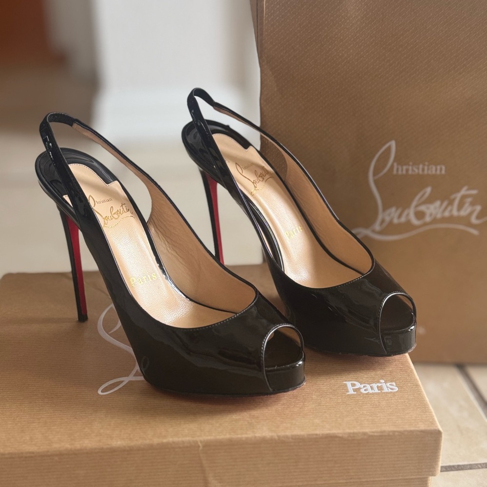 Christian Louboutin Glossy Black Slingback Heels